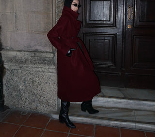 Bordo Düğmeli Düşük Omuz Kaşe Kaban