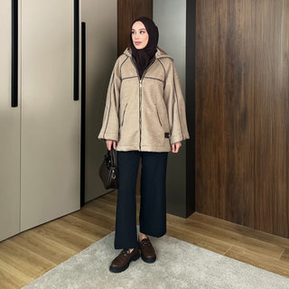 Vizon Kıvırcık Kumaş Deri Biyeli Fermuarlı Mont