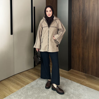 Vizon Kıvırcık Kumaş Deri Biyeli Fermuarlı Mont