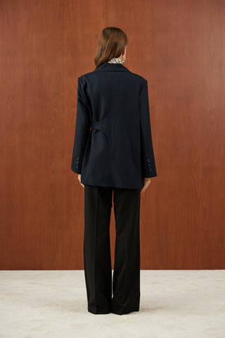 Lacivert Yandan Bağlamalı Salaş Blazer Ceket