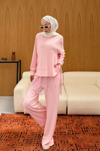 Dantel Detaylı Oversize Takım Pembe