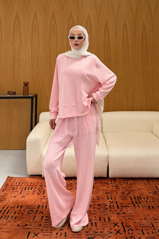 Dantel Detaylı Oversize Takım Pembe