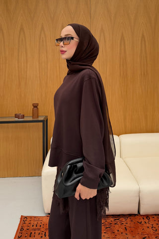 Dantel Detaylı Oversize Takım Kahverengi