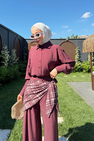 Gömlek Yakalı Boydan Düğmeli Etekli İkili Takım Mürdüm