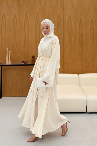 Taş İşlemeli Abaya Krem