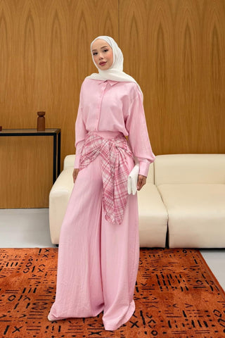 Gömlek Yakalı Boydan Düğmeli Etekli İkili Takım Pembe