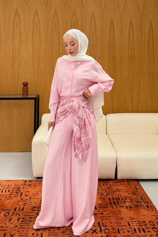 Gömlek Yakalı Boydan Düğmeli Etekli İkili Takım Pembe