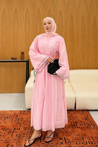 Volan Detaylı Elbise Pembe