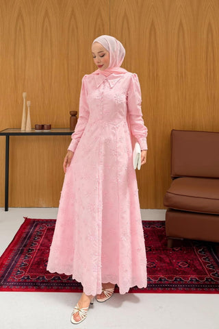 Çiçek Dantelli Birit Düğmeli Elbise Pembe Pembe