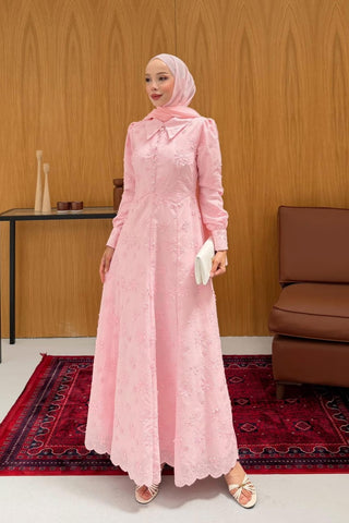 Çiçek Dantelli Birit Düğmeli Elbise Pembe Pembe