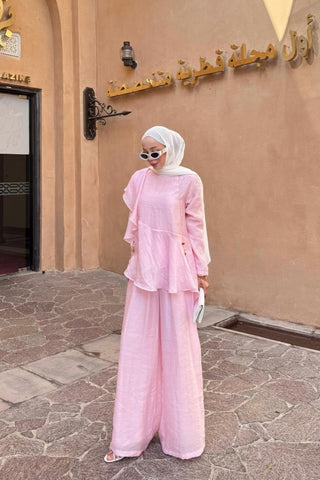 Volan Detaylı Katmanlı Pantolonlu İkili Takım Pembe