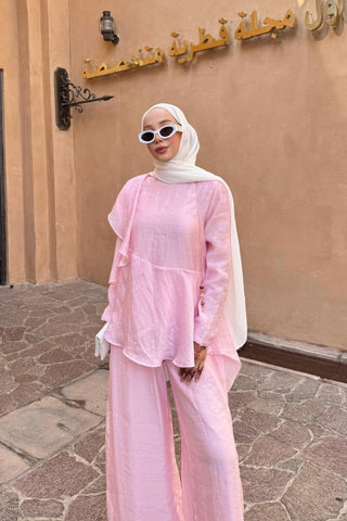 Volan Detaylı Katmanlı Pantolonlu İkili Takım Pembe