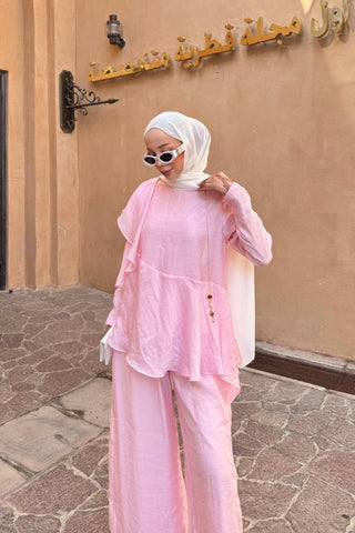 Volan Detaylı Katmanlı Pantolonlu İkili Takım Pembe