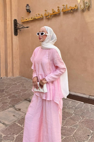 Volan Detaylı Katmanlı Pantolonlu İkili Takım Pembe