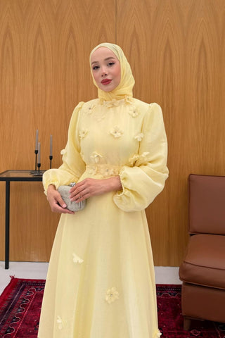 Çiçek Detaylı Kıloş Organze Elbise Sarı