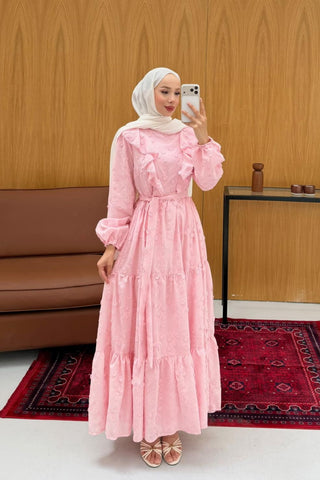 Fırfır Yakalı Çiçek Nakışlı Kat Kat Elbise Pembe