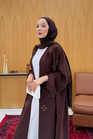 Boncuk İşlemeli Abaya Kahverengi