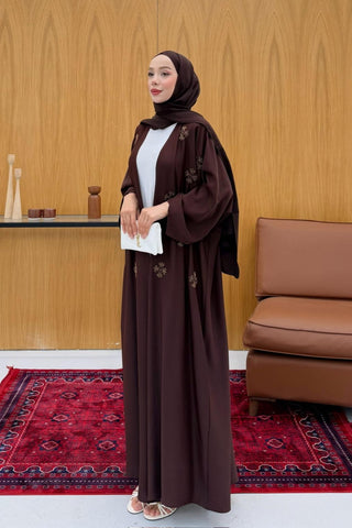 Boncuk İşlemeli Abaya Kahverengi