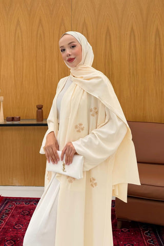Boncuk İşlemeli Abaya Krem