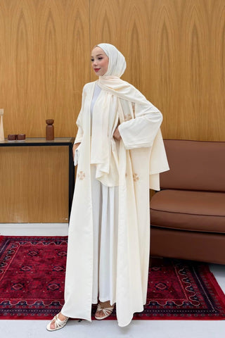 Boncuk İşlemeli Abaya Krem