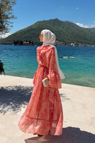 Şal Desenli Yarasa Model Elbise Oranj