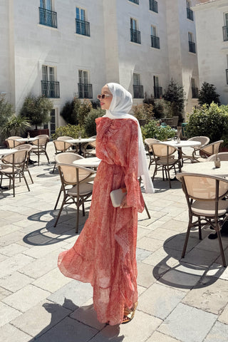 Şal Desenli Yarasa Model Elbise Oranj