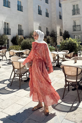 Şal Desenli Yarasa Model Elbise Oranj