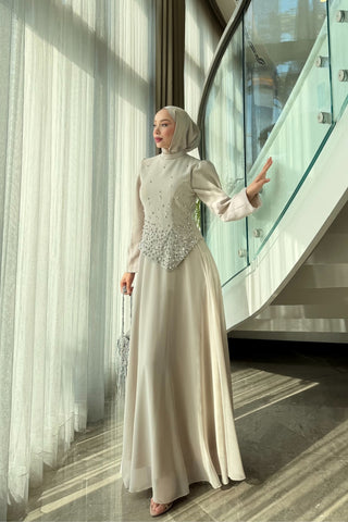 Taş İşlemeli Abiye Elbise Bej