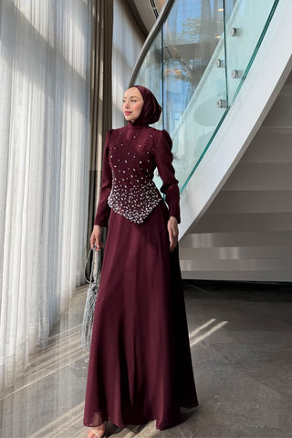 Taş İşlemeli Abiye Elbise Bordo