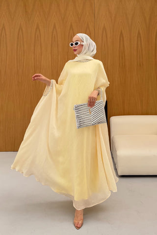 Taş Detaylı içlik Elbise Panço Abaya Sarı