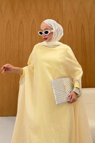 Taş Detaylı içlik Elbise Panço Abaya Sarı