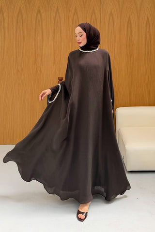Taş Detaylı içlik Elbise Panço Abaya Kahverengi