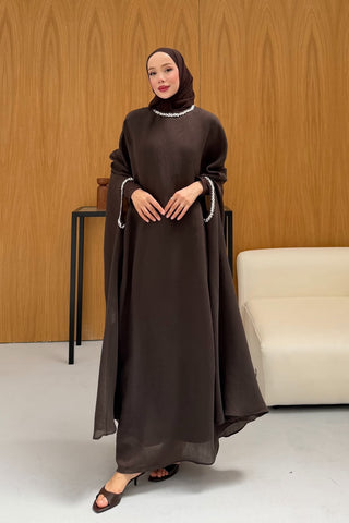 Taş Detaylı içlik Elbise Panço Abaya Kahverengi
