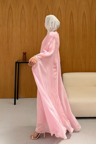 Taş Detaylı içlik Elbise Panço Abaya Pembe