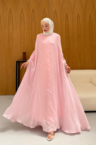 Taş Detaylı içlik Elbise Panço Abaya Pembe