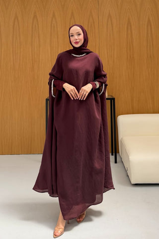 Taş Detaylı içlik Elbise Panço Abaya Burgonya
