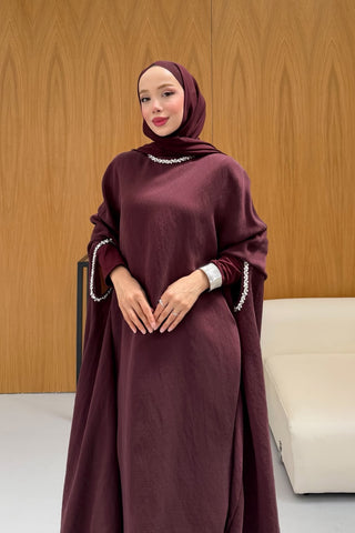Taş Detaylı içlik Elbise Panço Abaya Burgonya