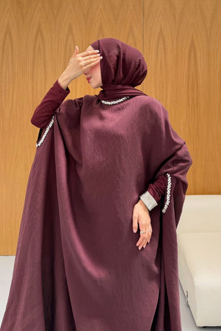Taş Detaylı içlik Elbise Panço Abaya Burgonya