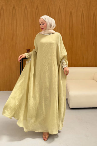 Taş Detaylı içlik Elbise Panço Abaya Yeşil