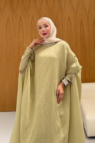 Taş Detaylı içlik Elbise Panço Abaya Yeşil