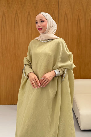 Taş Detaylı içlik Elbise Panço Abaya Yeşil