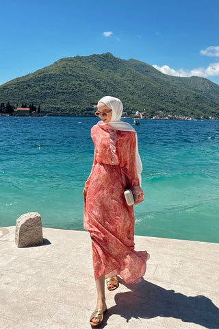 Şal Desenli Yarasa Model Elbise Oranj