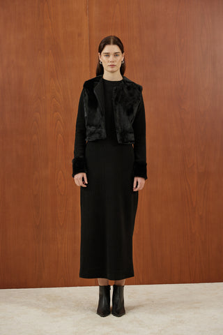 Siyah Peluş Kürk Yelekli Triko Elbise