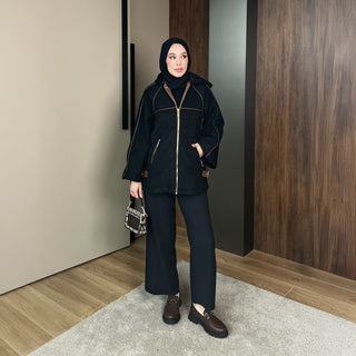 Siyah Kıvırcık Kumaş Deri Biyeli Fermuarlı Mont