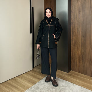 Siyah Kıvırcık Kumaş Deri Biyeli Fermuarlı Mont