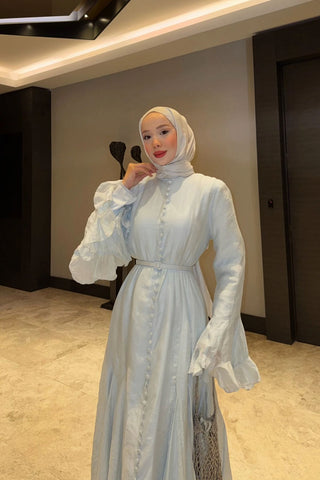 İnce Tensel Volan Detaylı Boydan Düğmeli Elbise Mavi