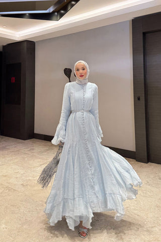 İnce Tensel Volan Detaylı Boydan Düğmeli Elbise Mavi