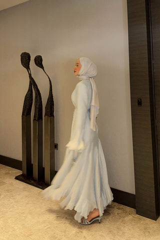 İnce Tensel Volan Detaylı Boydan Düğmeli Elbise Mavi