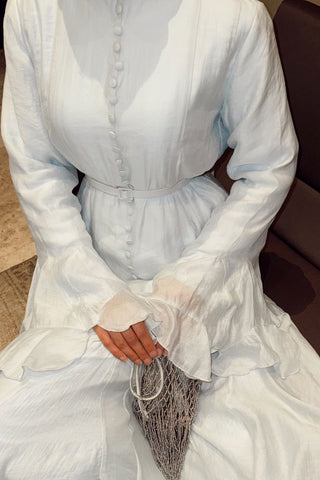 İnce Tensel Volan Detaylı Boydan Düğmeli Elbise Mavi