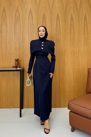 Düğme Detaylı Bolerolu Elbise Lacivert